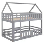 Twin Over Twin House Bunk Bed with Fence and Door, Solid Wood Playhouse Bed with Roof for Bedroom