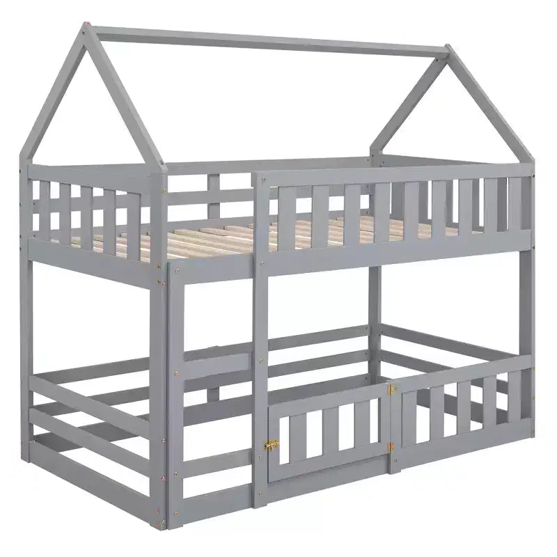 Twin Over Twin House Bunk Bed with Fence and Door, Solid Wood Playhouse Bed with Roof for Bedroom