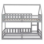 Twin Over Twin House Bunk Bed with Fence and Door, Solid Wood Playhouse Bed with Roof for Bedroom