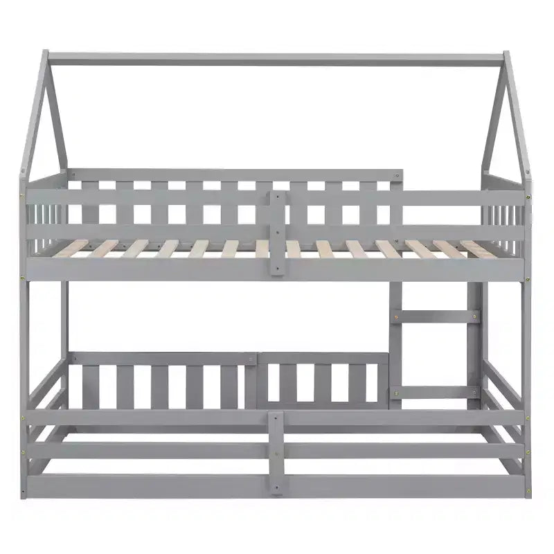 Twin Over Twin House Bunk Bed with Fence and Door, Solid Wood Playhouse Bed with Roof for Bedroom