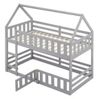 Twin Over Twin House Bunk Bed with Fence and Door, Solid Wood Playhouse Bed with Roof for Bedroom