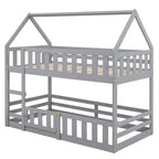 Twin Over Twin House Bunk Bed with Fence and Door, Solid Wood Playhouse Bed with Roof for Bedroom