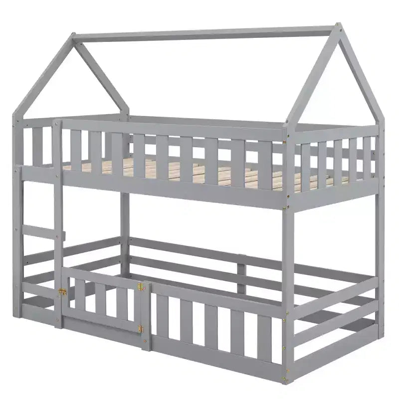 Twin Over Twin House Bunk Bed with Fence and Door, Solid Wood Playhouse Bed with Roof for Bedroom