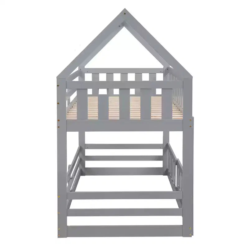 Twin Over Twin House Bunk Bed with Fence and Door, Solid Wood Playhouse Bed with Roof for Bedroom