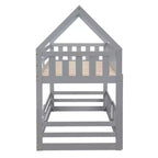 Twin Over Twin House Bunk Bed with Fence and Door, Solid Wood Playhouse Bed with Roof for Bedroom