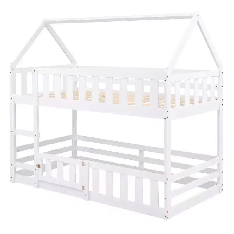 Twin Over Twin House Bunk Bed with Fence and Door, Solid Wood Playhouse Bed with Roof for Bedroom