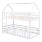 Twin Over Twin House Bunk Bed with Fence and Door, Solid Wood Playhouse Bed with Roof for Bedroom