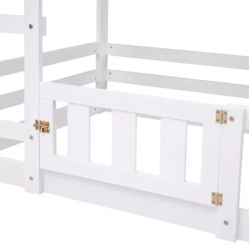 Twin Over Twin House Bunk Bed with Fence and Door, Solid Wood Playhouse Bed with Roof for Bedroom