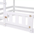 Twin Over Twin House Bunk Bed with Fence and Door, Solid Wood Playhouse Bed with Roof for Bedroom