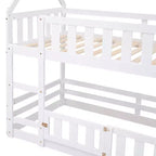 Twin Over Twin House Bunk Bed with Fence and Door, Solid Wood Playhouse Bed with Roof for Bedroom