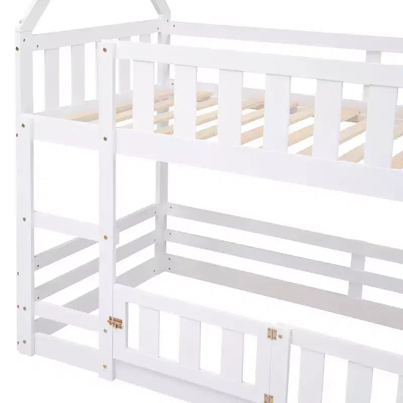 Twin Over Twin House Bunk Bed with Fence and Door, Solid Wood Playhouse Bed with Roof for Bedroom