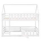 Twin Over Twin House Bunk Bed with Fence and Door, Solid Wood Playhouse Bed with Roof for Bedroom