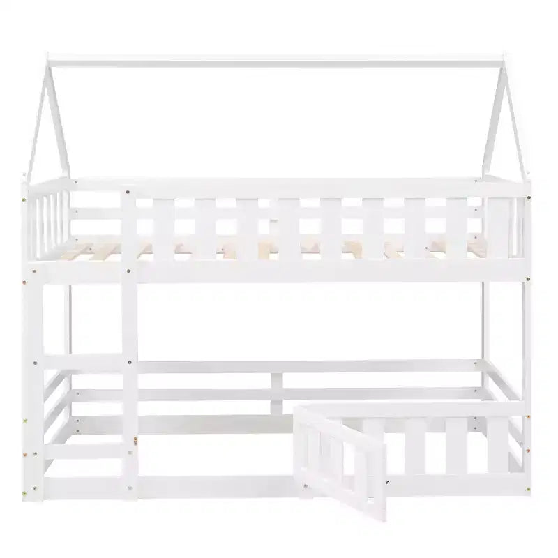 Twin Over Twin House Bunk Bed with Fence and Door, Solid Wood Playhouse Bed with Roof for Bedroom