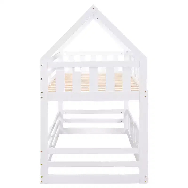 Twin Over Twin House Bunk Bed with Fence and Door, Solid Wood Playhouse Bed with Roof for Bedroom