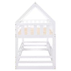 Twin Over Twin House Bunk Bed with Fence and Door, Solid Wood Playhouse Bed with Roof for Bedroom