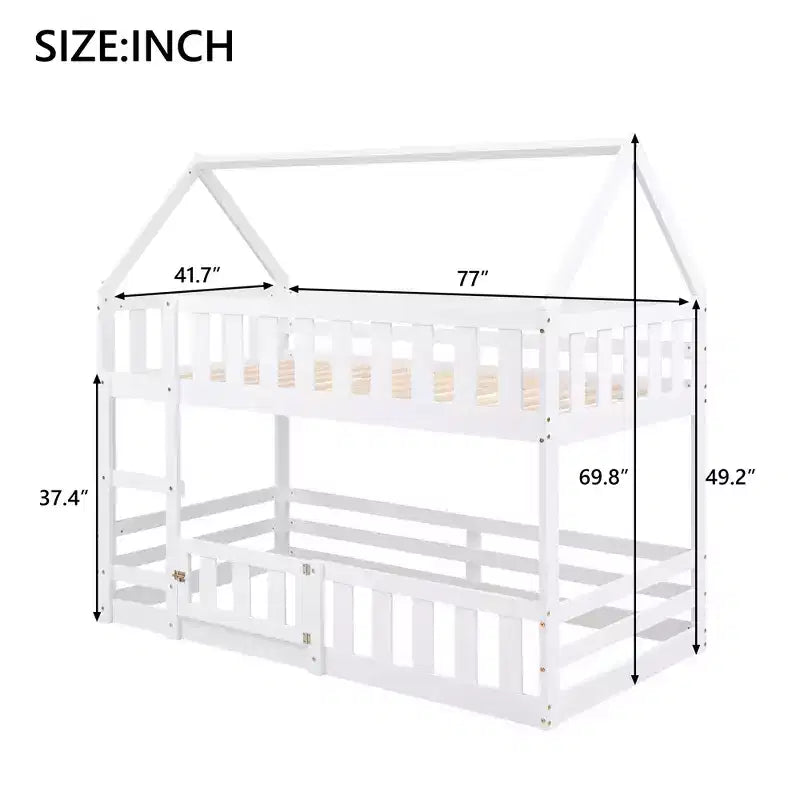 Twin Over Twin House Bunk Bed with Fence and Door, Solid Wood Playhouse Bed with Roof for Bedroom