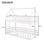 Twin Over Twin House Bunk Bed with Fence and Door, Solid Wood Playhouse Bed with Roof for Bedroom