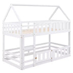 Twin Over Twin House Bunk Bed with Fence and Door, Solid Wood Playhouse Bed with Roof for Bedroom