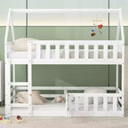 Twin Over Twin House Bunk Bed with Fence and Door, Solid Wood Playhouse Bed with Roof for Bedroom
