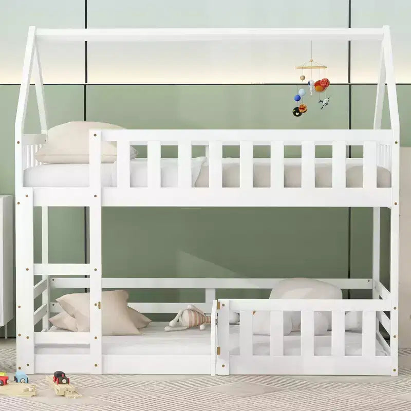 Twin Over Twin House Bunk Bed with Fence and Door, Solid Wood Playhouse Bed with Roof for Bedroom