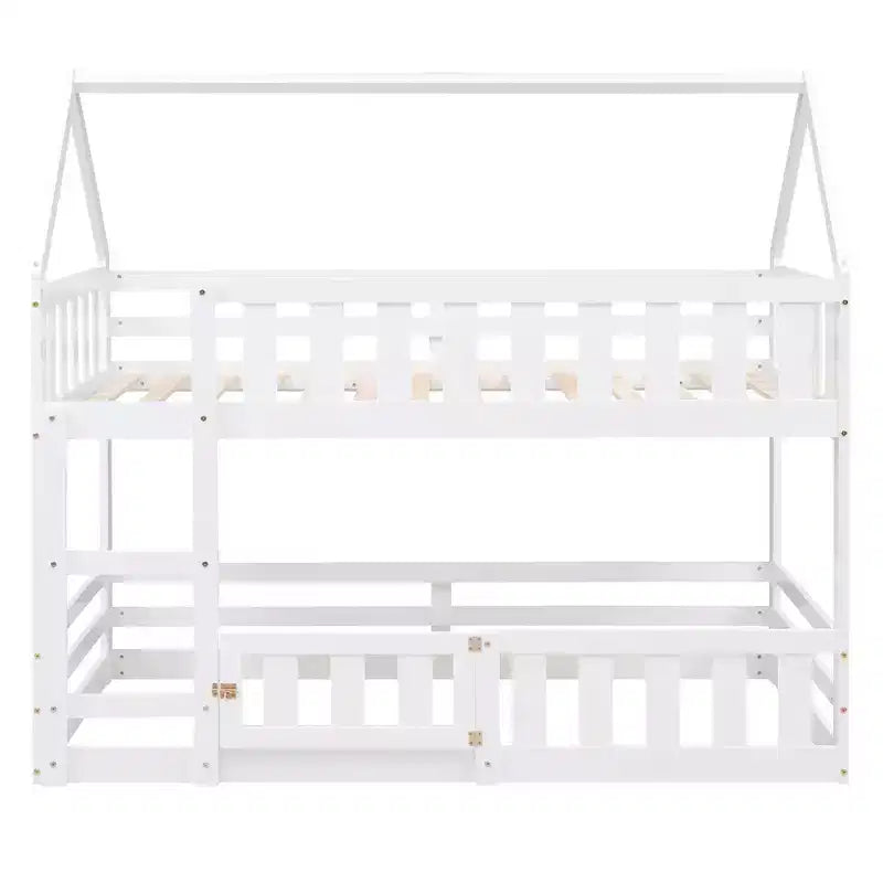 Twin Over Twin House Bunk Bed with Fence and Door, Solid Wood Playhouse Bed with Roof for Bedroom