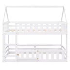 Twin Over Twin House Bunk Bed with Fence and Door, Solid Wood Playhouse Bed with Roof for Bedroom