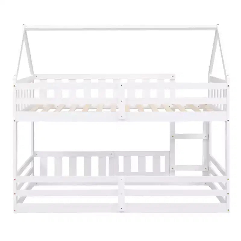 Twin Over Twin House Bunk Bed with Fence and Door, Solid Wood Playhouse Bed with Roof for Bedroom