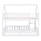 Twin Over Twin House Bunk Bed with Fence and Door, Solid Wood Playhouse Bed with Roof for Bedroom