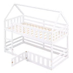 Twin Over Twin House Bunk Bed with Fence and Door, Solid Wood Playhouse Bed with Roof for Bedroom