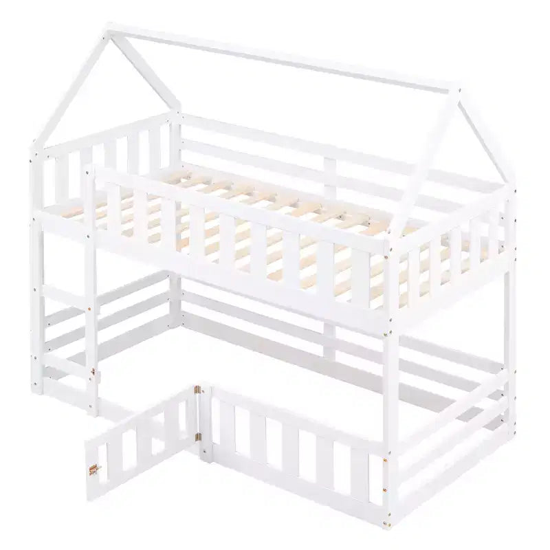 Twin Over Twin House Bunk Bed with Fence and Door, Solid Wood Playhouse Bed with Roof for Bedroom