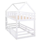 Twin Over Twin House Bunk Bed with Fence and Door, Solid Wood Playhouse Bed with Roof for Bedroom