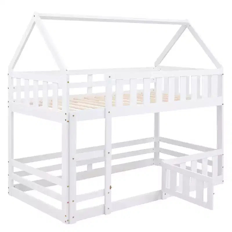 Twin Over Twin House Bunk Bed with Fence and Door, Solid Wood Playhouse Bed with Roof for Bedroom