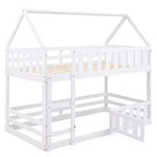 Twin Over Twin House Bunk Bed with Fence and Door, Solid Wood Playhouse Bed with Roof for Bedroom