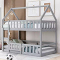 Twin Over Twin House Bunk Bed with Fence and Door, Solid Wood Playhouse Bed with Roof for Bedroom