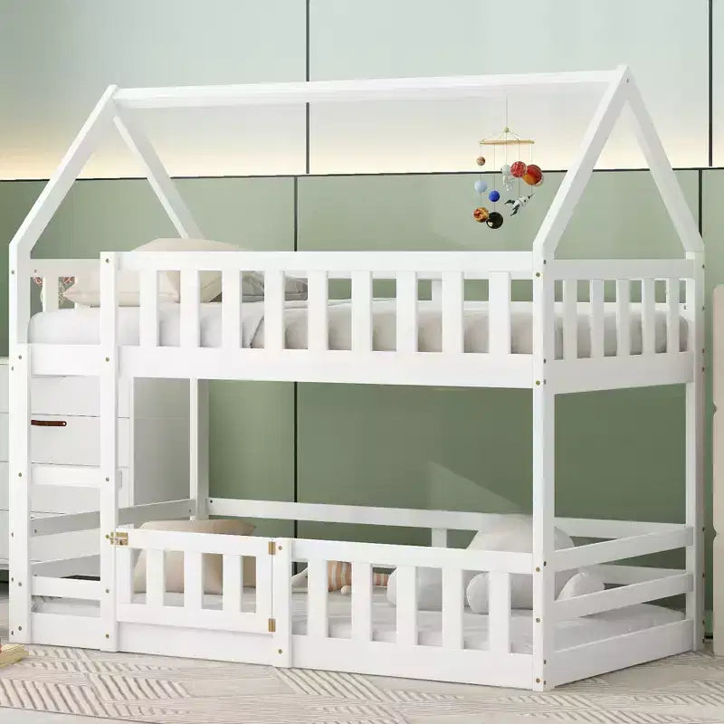 Twin Over Twin House Bunk Bed with Fence and Door, Solid Wood Playhouse Bed with Roof for Bedroom