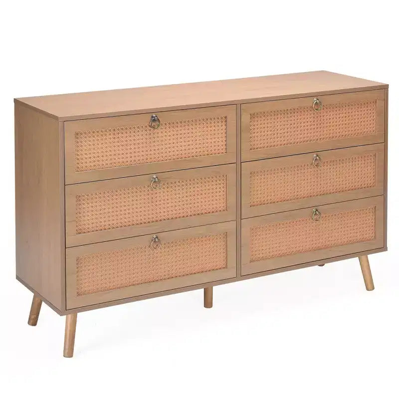 JVNOXK 51-inch Rattan Double Dressing Table with Six Drawers, Five-Drawer Chest, Modern Style Chest of Drawers, Fixed Back Panel, Wood-Tone Finish