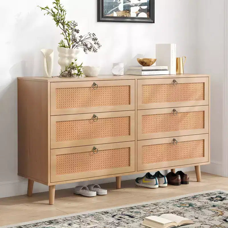 JVNOXK 51-inch Rattan Double Dressing Table with Six Drawers, Five-Drawer Chest, Modern Style Chest of Drawers, Fixed Back Panel, Wood-Tone Finish