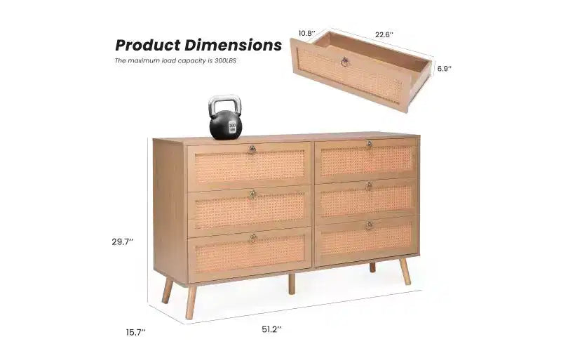 JVNOXK 51-inch Rattan Double Dressing Table with Six Drawers, Five-Drawer Chest, Modern Style Chest of Drawers, Fixed Back Panel, Wood-Tone Finish