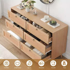 JVNOXK 51-inch Rattan Double Dressing Table with Six Drawers, Five-Drawer Chest, Modern Style Chest of Drawers, Fixed Back Panel, Wood-Tone Finish