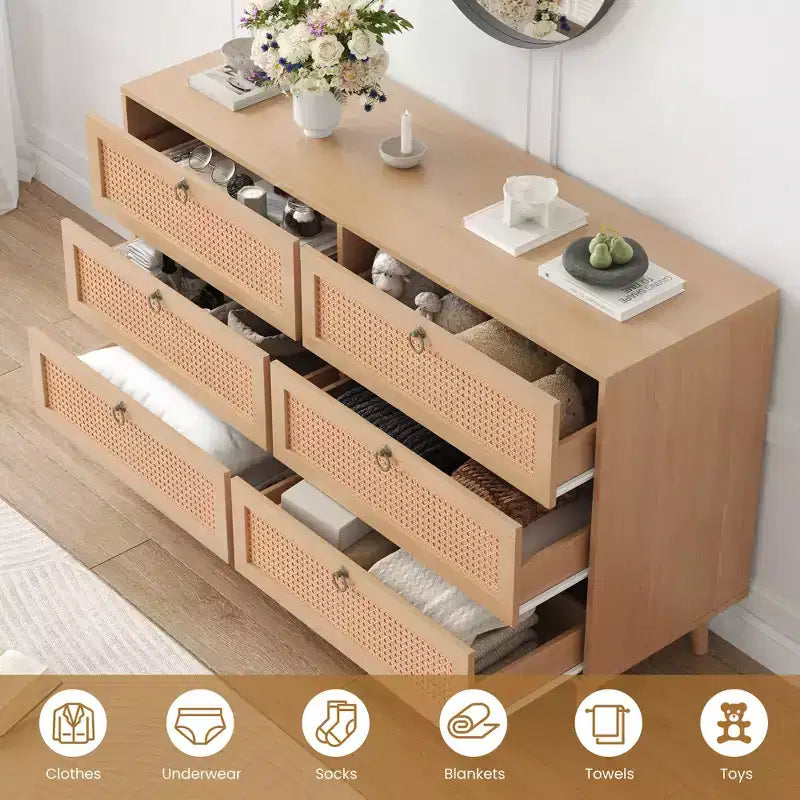 JVNOXK 51-inch Rattan Double Dressing Table with Six Drawers, Five-Drawer Chest, Modern Style Chest of Drawers, Fixed Back Panel, Wood-Tone Finish