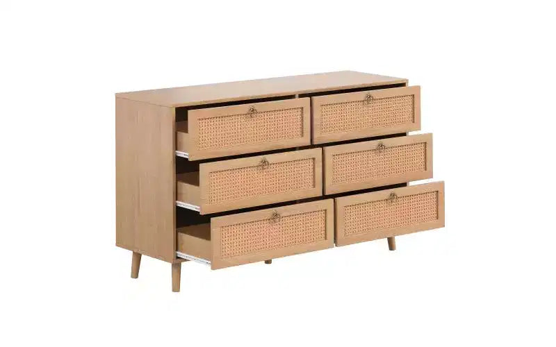 JVNOXK 51-inch Rattan Double Dressing Table with Six Drawers, Five-Drawer Chest, Modern Style Chest of Drawers, Fixed Back Panel, Wood-Tone Finish