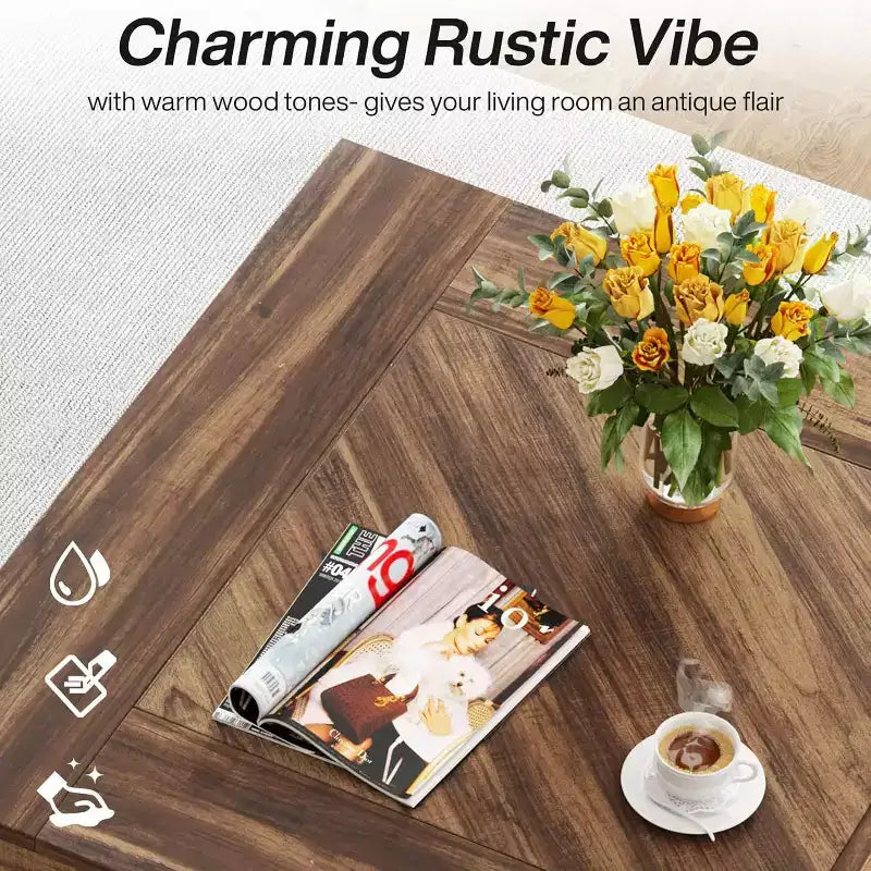 Lantine Square Coffee Table, Wood Center Table for Living Room, 31.5 Modern Cocktail Tea Accent Table, Rustic Brown & Black
