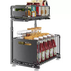 2-Tier Adjustable Under Sink Organizer with Pull-Out Drawers, Sturdy Metal Storage Rack with Suction Cups & Hooks,Height Adjustable Slide-Out Cabinet