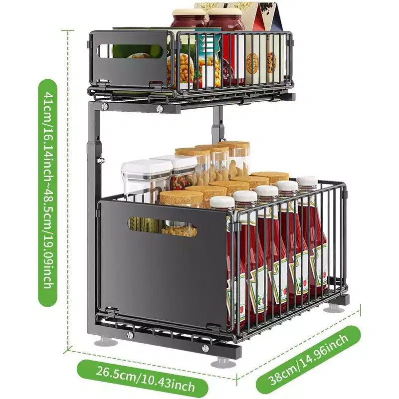 2-Tier Adjustable Under Sink Organizer with Pull-Out Drawers, Sturdy Metal Storage Rack with Suction Cups & Hooks,Height Adjustable Slide-Out Cabinet