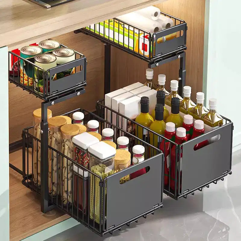 2-Tier Adjustable Under Sink Organizer with Pull-Out Drawers, Sturdy Metal Storage Rack with Suction Cups & Hooks,Height Adjustable Slide-Out Cabinet