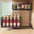 2-Tier Adjustable Under Sink Organizer with Pull-Out Drawers, Sturdy Metal Storage Rack with Suction Cups & Hooks,Height Adjustable Slide-Out Cabinet