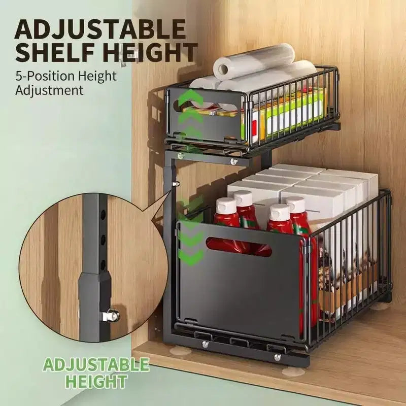 2-Tier Adjustable Under Sink Organizer with Pull-Out Drawers, Sturdy Metal Storage Rack with Suction Cups & Hooks,Height Adjustable Slide-Out Cabinet