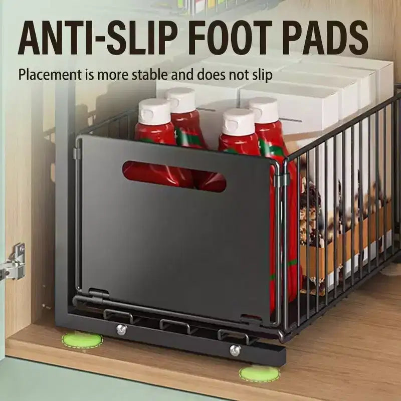 2-Tier Adjustable Under Sink Organizer with Pull-Out Drawers, Sturdy Metal Storage Rack with Suction Cups & Hooks,Height Adjustable Slide-Out Cabinet