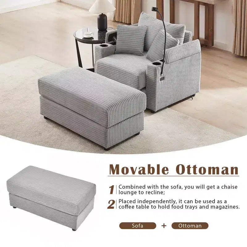 MAYEERTY 41.7 Modern Single Sofa with Storage Ottoman Two Cup Holders for Living Room Gray