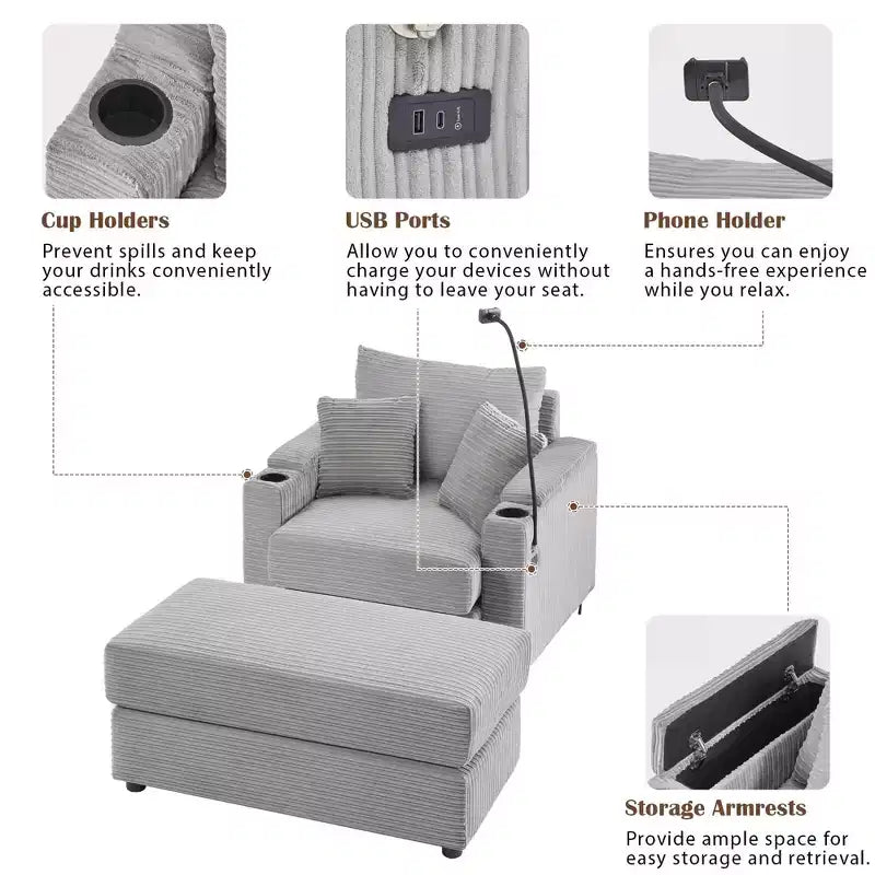 MAYEERTY 41.7 Modern Single Sofa with Storage Ottoman Two Cup Holders for Living Room Gray